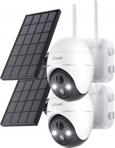 ieGeek 5MP Beveiligingscamera's Draadloos Buiten, Zonnecamera Buiten Draadloos WiFi 360° PTZ Op Batterijen Met Spotlight & Sirene/Bewegingsdetectie/Kleuren Nachtzicht/2-Weg Audio/IP65, Werkt met Alexa, 2 stuks