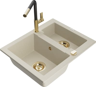 Mexen Carlos granieten spoelbak 1,5-komorige met keukenmengkraan Flora, beige - 6518-69-670401-57-G