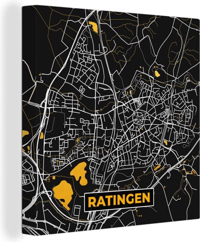 Canvas Schilderij Duitsland – Black and Gold – Ratingen – Stadskaart – Kaart – Plattegrond - 20x20 cm - Wanddecoratie