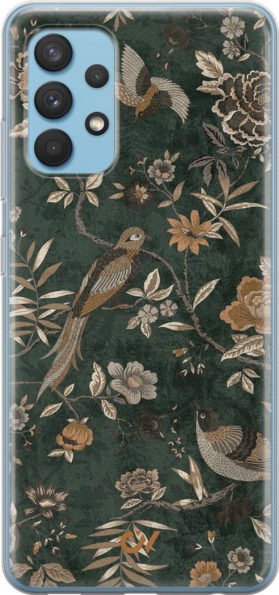 Hoesje geschikt voor Samsung Galaxy A32 4G - Khaki Golden Flowers - - Groen - - Casevibes