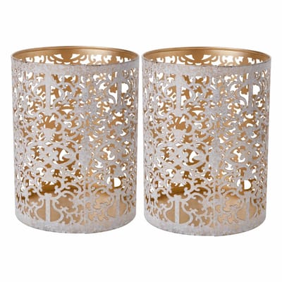 Cosy & Trendy kaarsenhouder Waxinelichtjes - 2x - wit goud - antiek look sfeer - H13 cm - voor theelichtjes