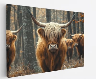 Saammp - Canvas Schilderij - Groep Schotse Hooglander Koeien - Landschap - Dieren - Natuur - 60x40 - Foto op canvas - Wanddecoratie - muurdecoratie Woonkamer - Slaapkamer decoratie - Canvas Print