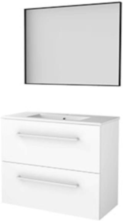 Basic-Line Framed 39 Badkamermeubelset - Ondiep - 80 x 39 cm - Greeploos - 2 Lades - Keramische Wastafel - 1 Kraangat - Spiegel met Zwart Aluminium Frame - Ice White