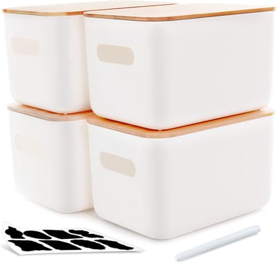 Kleine stapelbare opbergdozen met bamboe deksel - 4 stuks - Ideaal voor keuken, slaapkamer en meer
