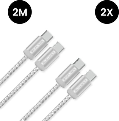 Usb C Kabels - 60W - Usb C naar Usb C - 2 Meter - Usb-C Kabels - Snellader - 480Mb/ps Data - Usb C Oplader - Wit Gevlochten - 2 kabels in verpakking