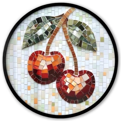 Poster in lijst Rond - Fotolijst 40x40 cm - Posters - Kersen - Rood - Mozaïek - Blaadjes - Ronde posterlijst zwart - Decoratie - Wanddecoratie woonkamer - Muurdecoratie slaapkamer