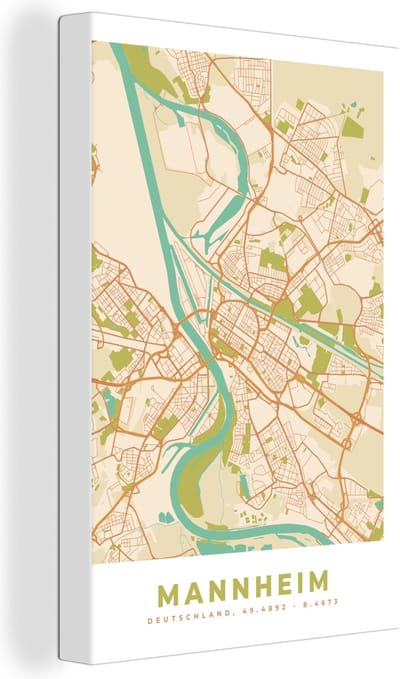 Canvas Schilderij Plattegrond - Kaart - Vintage - Stadskaart - Mannheim - 20x30 cm - Wanddecoratie