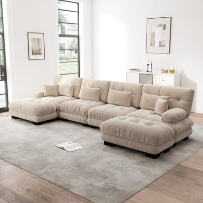 Wishdor - Modulaire Bank - Verplaatsbare Ottomans - Vintage Design - Voor Woonkamer - Chenille - Licht Koffiebruin