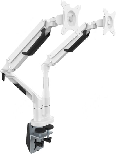 DESQ® Dubbele Monitorarm met Gasveer | 17/32 Inch | Arm lengte 62 cm | Bureauklem + Bladdoorvoer set | Wit