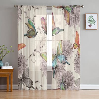 Vintage Vlinders Transparante Gordijnen voor Woonkamer Transparant Tule Raamgordijn Slaapkamer Keuken Decor Sluier Draperieën 135W x 114H(cm) white