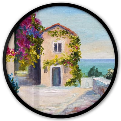 Poster in lijst Rond - Fotolijst 40x40 cm - Posters - Schilderij - Huis - Olieverf - Dorp - Ronde posterlijst zwart - Decoratie - Wanddecoratie woonkamer - Muurdecoratie slaapkamer