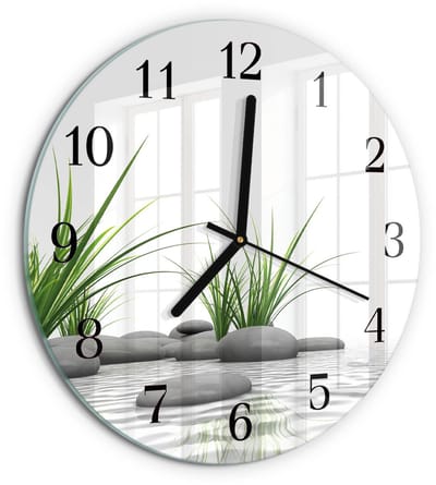 Tulup Wandklok - Stenen Klok Glas Met Opdruk - 30fi cm - Wit Moderne Wandklok Glas - Zwarte Handen - Ronde Wandklok - Glazen Wandklok Design - Klok Glas Met Opdruk