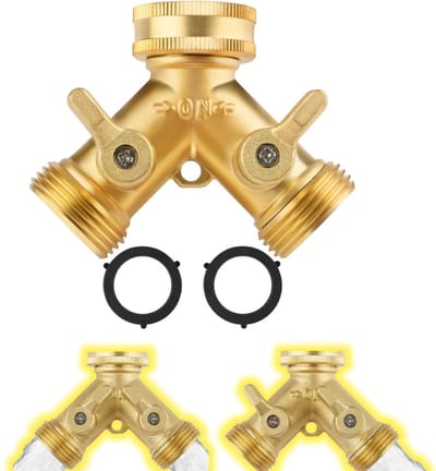 2-Weg Messing Slangsplitter — 3/4-inch Kraan- & Tuinslangaansluiting — Y-vormige Kraanadapter — Met onafhankelijke afsluitkranen — Geschikt voor tuinen, buitenruimtes, gazons, terrassen, keukens en meer.