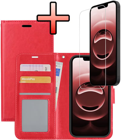 Hoesje - Met Screenprotector - Geschikt voor Apple iPhone 16e / 17e - Luxe Pasjeshouder - Bookcase Portemonee - Flip Case - Kunstleer Book Case - Flipcase - Book Cover - Walletcase - Portemonneehoes - Rood
