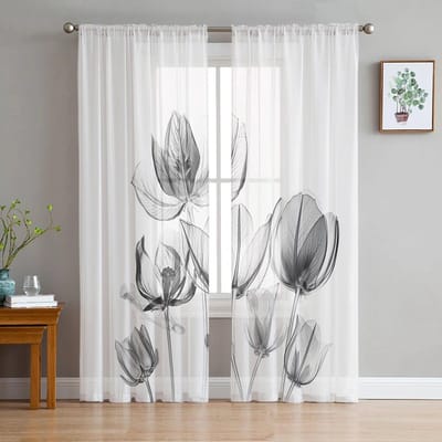 Bloem Laser Tulp Transparant Slaapkamer Transparant Dunne Gordijnen Vakantiedecoratie Raam Voile Tule Gordijn 135W x 137H(cm)