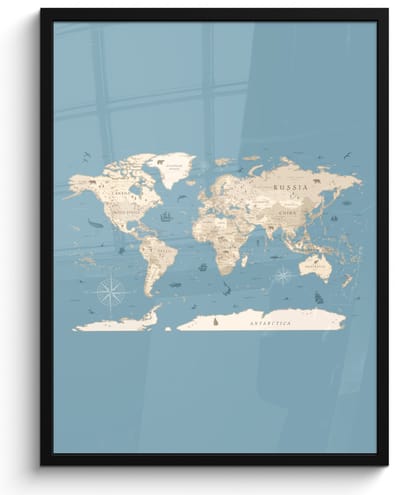 Poster in lijst - Fotolijst 60x80 cm - Posters - Wereldkaart - Oceaan - Realistisch - Blauw - Posterlijst zwart - Decoratie - Wanddecoratie woonkamer - Muurdecoratie slaapkamer