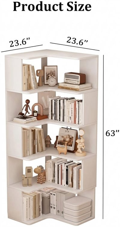 Hoekboekenkast Modern – Casa Velluto Hoge L-vormige Boekenkast met 6 Niveaus | Vrijstaand Massief Houten Opbergrek met Anti-Valpaneel | Voor Woonkamer, Thuiskantoor & Studio | Wit