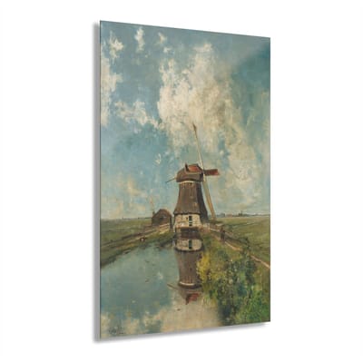 Indoorart - Glasschilderij Een molen aan een poldervaart 60x90 CM - Afbeelding op plexiglas - Inclusief montagemateriaal