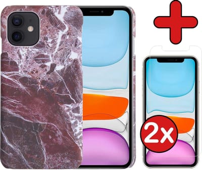 Hoesje Geschikt voor iPhone 11 Hoesje Marmer Hardcover Fashion Case Hoes Met 2x Screenprotector - Hoes Geschikt voor iPhone 11 Marmer Hoesje Hardcase Back Cover - Rood