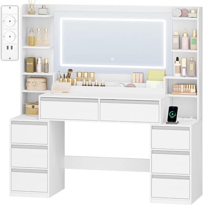Kaptafel met Spiegel en LED Verlichting – 3 Lichtkleuren – 8 Laden – Stopcontacten & Föhnhouder – Wit/Zilver