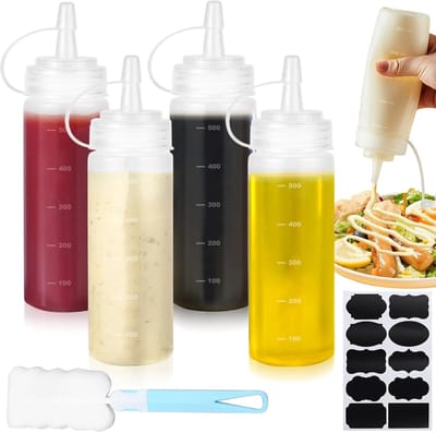 Famanu – Knijpfles set van 4, 500 ml, lekvrije sausflessen met doppen en reinigingsborstel