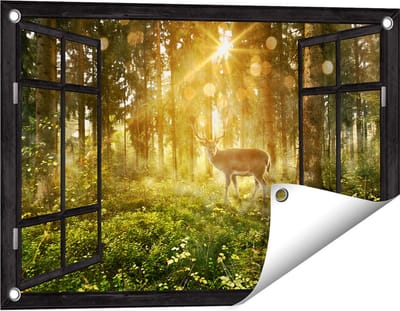 Gards Tuinposter Doorkijk Hert in Bos met Zon - 60x40 cm - Tuindoek - Tuindecoratie - Wanddecoratie buiten - Tuinschilderij