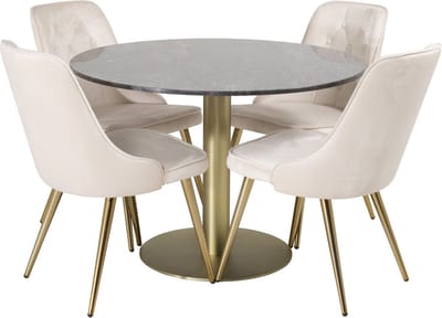 EstelleØ106BLBR eethoek eetkamertafel zwart, marmer en 4 Velvet Deluxe eetkamerstal velours beige, messing decor.