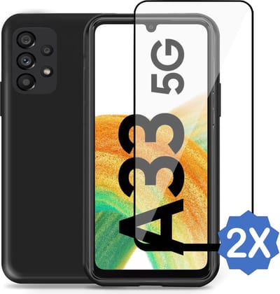 Geschikt voor Samsung A33 5G Hoesje + 2x Screenprotector – Full Cover Gehard Glas – Suède Back Cover Case Zwart