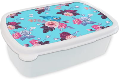 Broodtrommel Wit - Lunchbox - Brooddoos - Vogel - Bloemen - Patronen - 18x12x6 cm - Volwassenen