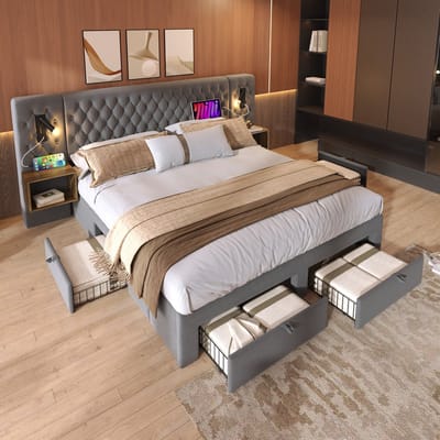 KOMHTOM Complete slaapkamerset, gestoffeerd tweepersoonsbed 160×200 cm met 2 nachtkastjes en 4 lades, hoofdeinde met leeslampje en USB-oplaadfunctie, grijs, fluweel (zonder matras)