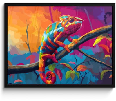 Poster in lijst - Fotolijst 80x60 cm - Posters - Kameleon - Tak - Gestreept - Bladeren - Posterlijst zwart - Decoratie - Wanddecoratie woonkamer - Muurdecoratie slaapkamer