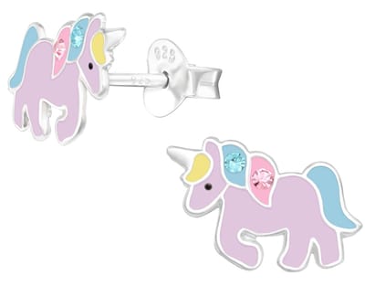 Joy|S - Zilveren eenhoorn oorbellen paars - 12 x 8 mm - met kristal - unicorn