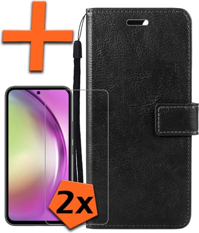Hoes - Met 2x Screenprotector - Geschikt voor Samsung Galaxy A54 - Luxe Pasjeshouder - Bookcase Portemonee - Flip Case - Kunstleer Book Case - Flipcase Hoes - Book Cover - Walletcase - PortemonneeHoes - Zwart
