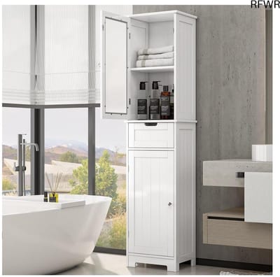 RFWR® Ruimtebesparende Hoge Badkamerkast met Verstelbare Planken en Lade - Wit 30 x 40 x 170 cm
