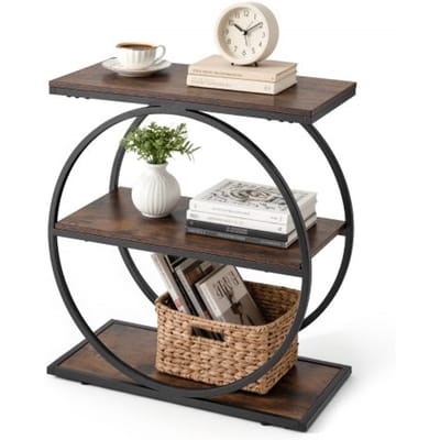 VEVOR bijzettafel, smal nachtkastje met 3 niveaus en open planken, modern nachtkastje met rond metalen frame, houten salontafel voor woonkamer, slaapkamer, kantoor, rustiek bruin