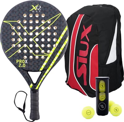 XQMax Padel Racket ProX 2.0 - met Padel Tas en 3 Padel Ballen - Lichtgewicht Padelracket - Ronde vorm - Sweetspot - Geschikt voor Alle Niveaus - Cadeau