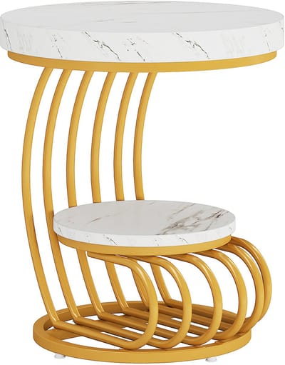DMG Supply Bijzettafel Rond - 2 Lagen - Kunstmarmerlook - 50 x 50 x 63 cm - Wit en Goud - Spaanplaat en Metaal