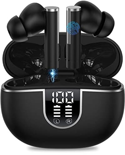 Draadloze bluetooth-hoofdtelefoon, Bluetooth 5.3 met 4 ruisonderdrukking, microfoon, 38 uur, speeltijd, draadloze bluetooth-hoofdtelefoon met touch-bediening, IPX5, waterdicht, led-display voor