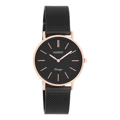 OOZOO Timepieces - Rosé goudkleurige horloge met zwarte metalen mesh armband - C8871