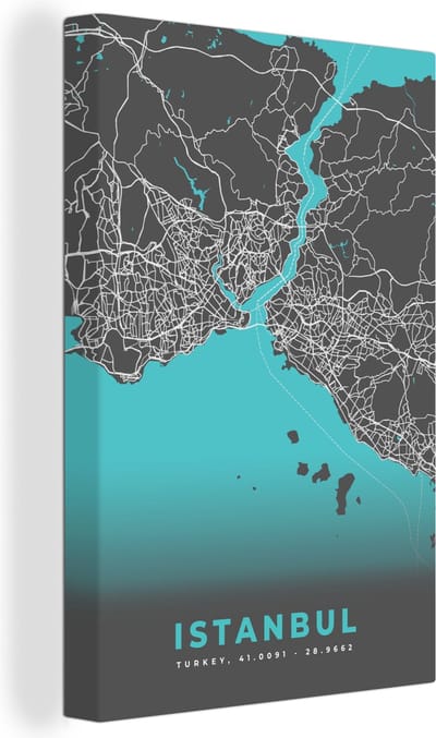 Canvas Schilderij Istanbul - Blauw - Kaart - Stadskaart - Plattegrond - 20x30 cm - Wanddecoratie