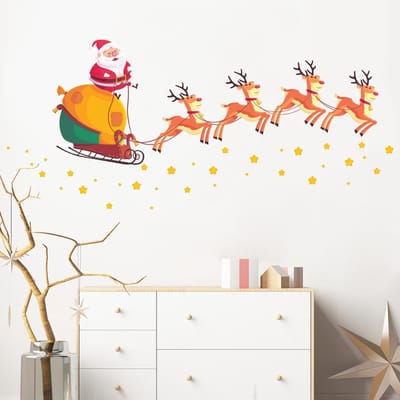 Kerststicker met de Kerstman, rendieren en magische sterren - Kerststickers - feestdecoraties - 110x165cm