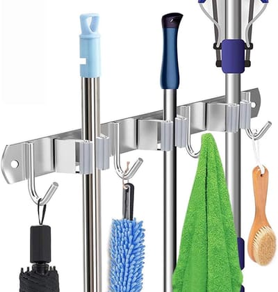 Famanu – Bezemhouder RVS – Wandhouder met 3 stevige clips en 4 haken, multifunctionele organizer voor stelen en accessoires – Voor keuken en garage
