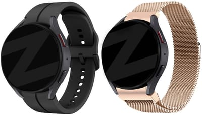 Bandz Bundel – Zwart Siliconen Bandje ‘Extreme’ + Rosé Gouden Milanese Loop – geschikt voor Samsung Galaxy Watch 7 / 6 (Classic) / 5 (40 & 44mm / Pro) / 4 (Classic) / Watch FE – Sport & Stijl in één set