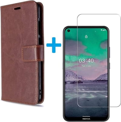 Bookcase Geschikt voor: Nokia 5.4 / 3.4 - Donker Bruin - portemonnee hoesje met 2 stuks Glas Screen protector