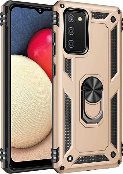 Ring Armor hoesje Geschikt voor Samsung Galaxy A02s / A03s - Goud - Draaibare standaard - Magneet - ZT Accessoires