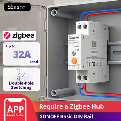 SONOFF Basic DIN Rail (BASIC-ZB1GSP) Zigbee Smart Schakelaar DIN Rail, Zigbee 3.0 Smart Home Bediening met Energiemeting, 32A voor Groepenkast, Werkt met Home Assistant Alexa SmartThings