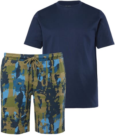 JP 1880 - Heren - Pyjama thuispak T-shirt broek met motief - Navy blauw - Maat L