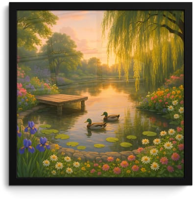 Poster in lijst - Fotolijst 40x40 cm - Posters - Eenden - Vijver - Bloemen - Posterlijst zwart - Decoratie - Wanddecoratie woonkamer - Muurdecoratie slaapkamer