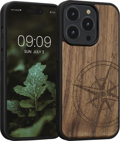 kwmobile telefoonhoesje geschikt voorApple iPhone 14 Pro - Hoesje met bumper - hout - In donkerbruin Vintage Kompas design