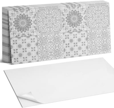 Coloray Plaktegels - Geometrische en bloemmotieven Zelfklevende Wandtegels - 40 cm x 20 cm - Grijs Plaktegels - 10 stuks - Rechthoek PVC Tegels - Plaktegels Badkamer - Vloertegels Zelfklevend - Vinyl Tegels Zelfklevend - Portugese Tegels